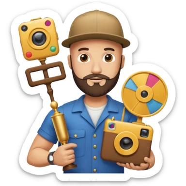 Strong bald man with beard and snapback, giant Instagram reel icon, stack of golden documents, trophy, minimal emoji sticker