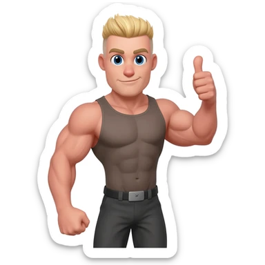 Musclebound, mighty mouse with a blonde crew, cut hair cut, giving a thumbs up with a smirk on his face sticker