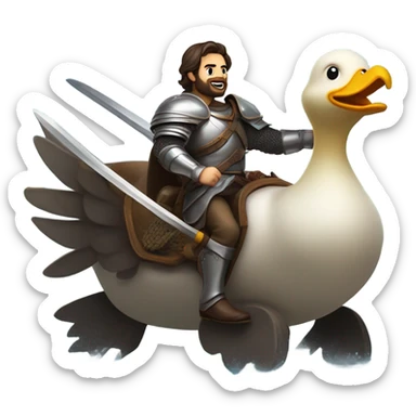 Confident armored White Man with dark brown hair and a short beard pointing forward with one arm holding a sword and yelling a battle charge while riding on the back of a giant duck sticker