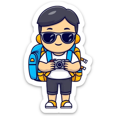 Asian tourist with backpack taking photos, sunglasses sticker