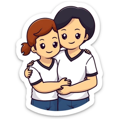 Two girls with light skin, one with chestnut hair and one with black hair, wearing white V-neck shirts, hugging warmly with gentle smiles sticker