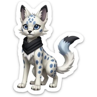 Cool edgy cute adorable hyper-realistic badass Serval-Lycanroc-Snow-Leopard-Absol-Fakémon-hybrid-creature (full body) wearing a black scarf sticker