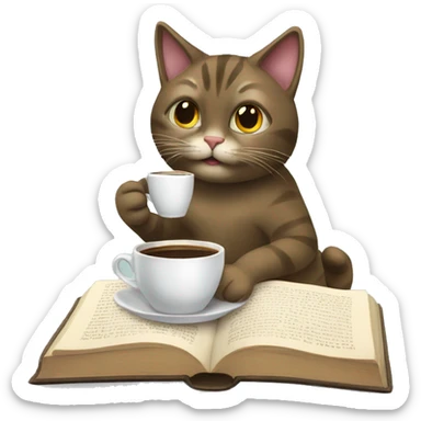 a cat drinking coffee while reading a book sticker