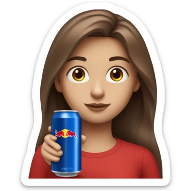 Girl with blue eyes long brown hair holding Red Bull drink sticker