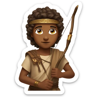 A Young Boy from the ancient Middle East with a brown headband, brown hair, brown skin, brown ancient Middle Eastern style clothes, using a bow and arrow and behind him is a Divine light. sticker