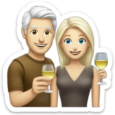 white man with blue eyes and grey hair toasting with a white wine together with white woman with brown eyes and blond hair and a white wine sticker