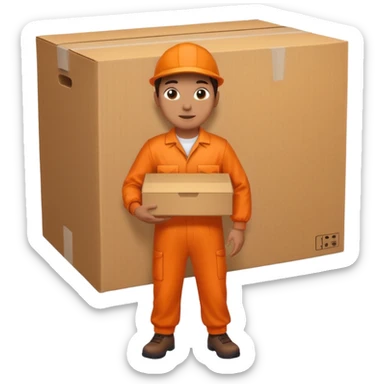 orange overalls carrying a large box sticker