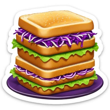 Spicy stacked chicken sandwich — two thick golden toast slices, a crispy breaded chicken fillet, green lettuce, and purple cabbage slaw, with glossy dark sauce dripping down the sides. sticker