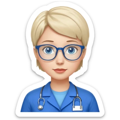 Blue eyes short hair with glasses woman in care assistant blue uniform sticker