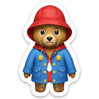 A bear in a red rain hat and a blue raincoat with yellow buttons down the middle sticker