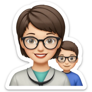 Happy woman with very short hair and glasses having haircut emoji sticker