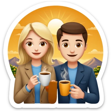 Man and a woman sitting in the sun with coffee sticker