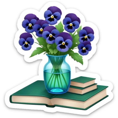 Aesthetically arranged books in dark green and next to them a bouquet of blue pansies in a light green glass vase sticker