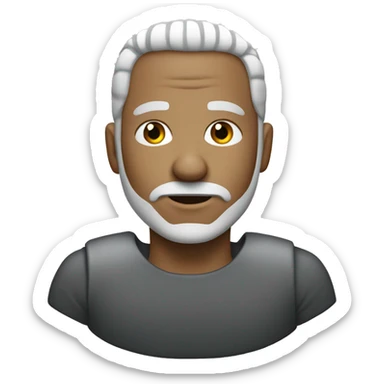 man with silver.white buzzed haircut & a goatee sticker