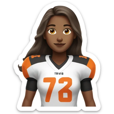 Girl with long brown hair, wearing orange and black football jersey sticker