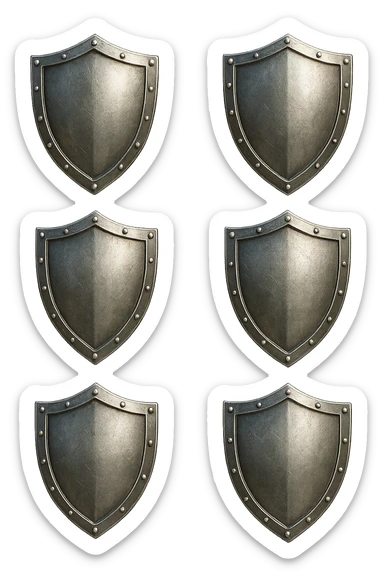 6 scudi che simboleggiano "difesa e protezione", realistici in 3d fluttuano in aria, iperrealistico 4k sticker