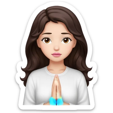 girl with wavy long glamorous dark brown hair, brown eyes, light to medium complexion, long lashes, light pink lipstick, praying sticker