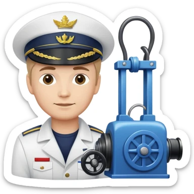 Russian sailor with captain hat operating a winch on oceanography research vessel sticker