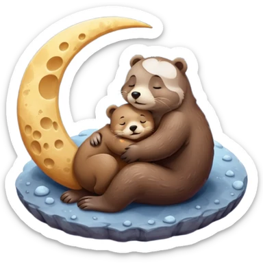 otter hugging a bear sleeping together on the moon sticker