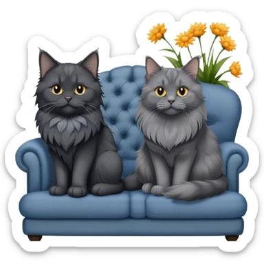 A black smoke Maine Coon cat with long gray ear tufts and a large gray ruff, and a thick blue British Shorthair cat, sitting together on a couch. A cozy room with flowers in the background. Transparent background. sticker