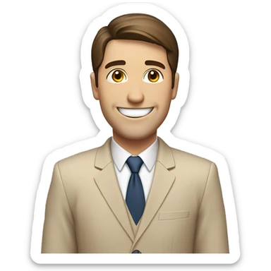 bussines man with short straight brown hair. big smile. fair skin 
and body zigs up to the hearth where you see a neat beige suit sticker