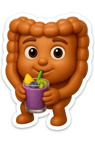 EMOJI STILE IPHONE DI un intestino umano anatomico che beve un frullato di mirtilli, ananas, kiwi, fagli anche la parte bianca degli occhi, non solo le pupille, REALISTICo 4K sticker