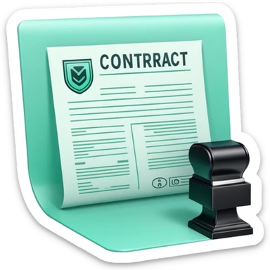 Commande Publique (Public Procurement), 3D techy icon with black and mint green (#B5F4D3) color scheme, contract document with official stamp sticker