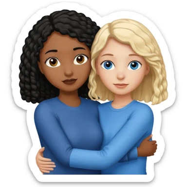 Girl best friends: one taller white girl with straight blond bob and blue eyesone shorter black girl with long black curly hair, hugging sticker
