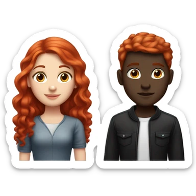 "A fair-skinned girl with vibrant red hair and a fair-skinned boy with jet-black hair. Both have distinct, striking features that highlight their white complexion and contrasting hair colors." sticker