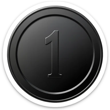 Emoji icon of a black coin with engraved number 1, minimalist style, isolated sticker