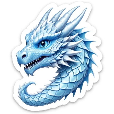 Cinematic Noble Beautiful Ice Dragon Portrait Emoji, Poised and majestic, with an ethereal, crystalline body adorned in intricately detailed scales of frosty blues and silvery whites reminiscent of glacial ice and delicate snowflakes, and piercing, cool eyes reflecting winter’s clarity; rendered with lifelike texture and subtle natural highlights, high shine, elegant and formidable, styled with an aura of chilling mythic beauty, focused and serene, soft glowing outline, capturing the essence of a legendary ice sovereign ready to glide gracefully out of the screen with timeless frosty allure! sticker