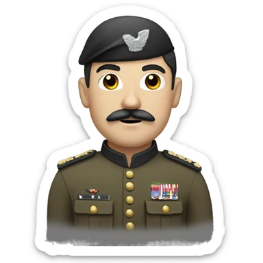 White man with square moustache, black hair, soldier sticker