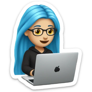 a white girl with long blue hair in a black sweatshirt is sitting at a laptop sticker