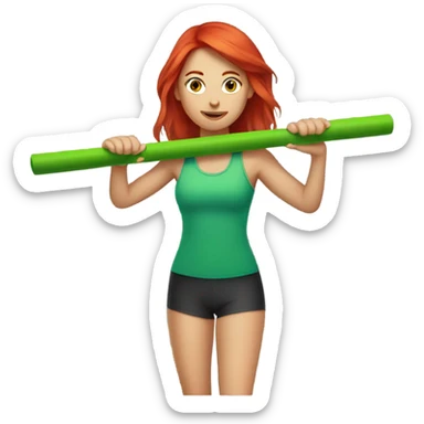 Red headed girl doing a workout with green drumsticks in her hands  sticker