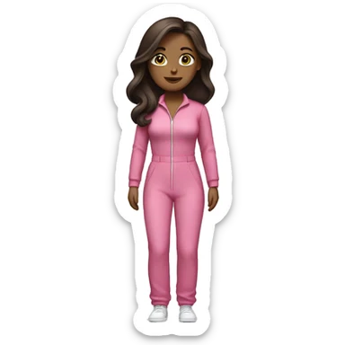 Woman dark straight brown hair  pink  full body jumpsuit flying sticker