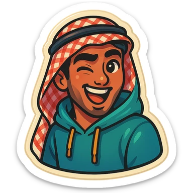 cartoonish, bold, vibrant emoji-style sticker of Ara, an Arab young man with medium brown skin, black hair, wearing casual urban Middle Eastern streetwear like a keffiyeh scarf or hoodie, winking cheekily with exaggerated expression sticker