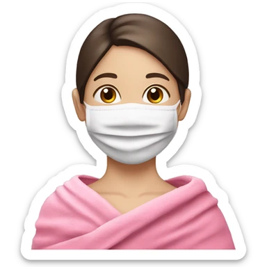 White girl with face mask in a pink towel with dark brown hair  sticker