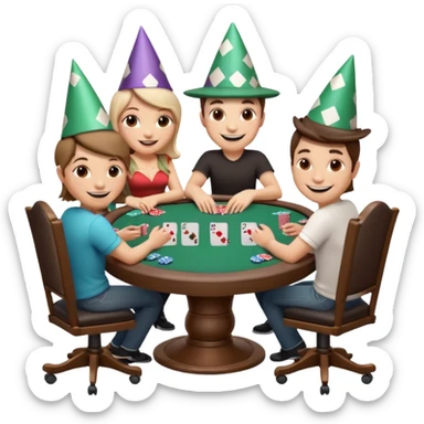 A 3D cartoon poker table with cards, chips, and smiling players, soft lighting, Memoji-style. sticker