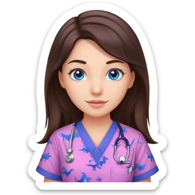 pretty brunette nurse with long hair and blue eyes in pink and purple dinosaur pattern scrubs sticker