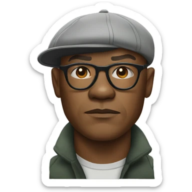 bald samuel l jackson serious wearing shirt and backwards Kangol sticker