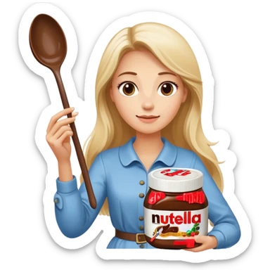 Nutella with a spoon. The glas of Nutella is almost empty . Next to the Nutella is the head of a blond woman who is looking forward to eat the Nutella. The hair of the woman needs to be longer. She is holding a big carriage of Nutella in her right hand and a oversized spoon in the other  sticker