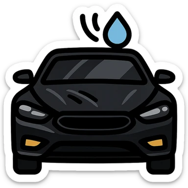 full high-end vehicle icon with glossy black mirror-like paint, strong mirror-like reflections and shine on the surface, water droplet sliding on the hood or roof, subtle repellent effect with water lines moving away, modern and clean style sticker