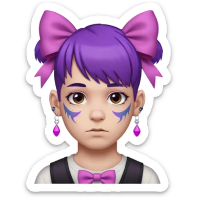 boy with bangs and purple hair and pink hairbow on the side of head and earrings and very heavy face tattoos sticker