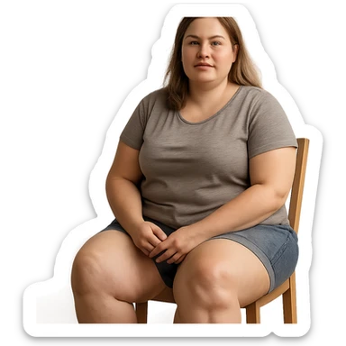 hyper realistic 4K woman sitting, fat on thighs and legs, healthy appearance, realistic details, everyday atmosphere sticker