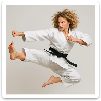 woman with curly blonde hair in a karate uniform, mid-air kick, determined look, clean background sticker