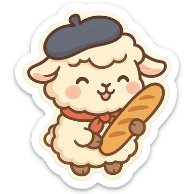 French sheep with a beret, carrying a baguette, cheerful style, chibi stickers style sticker