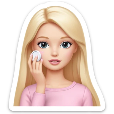 A white Barbie girl with long blonde straight hair in pale pink clothes smears by hand cosmetic cream on her face sticker