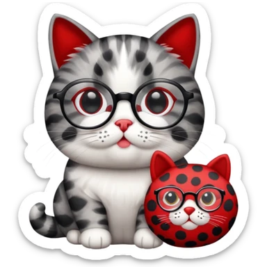 This cat has black and white patterned fur, its glasses are round, its expression looks clumsy, and there are some patterns on its face. It is holding a red plush toy in its mouth. sticker