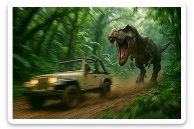 A jeep chased by a dinosaur, referencing Jurassic Park, dynamic action and adventure vibes, motion blur, jungle environment sticker