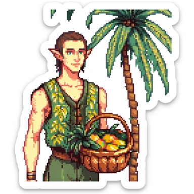 elf male Sleeveless vest with palm-leaf print, basket of exotic fruits (mango/lychee), sunburned nose. sticker